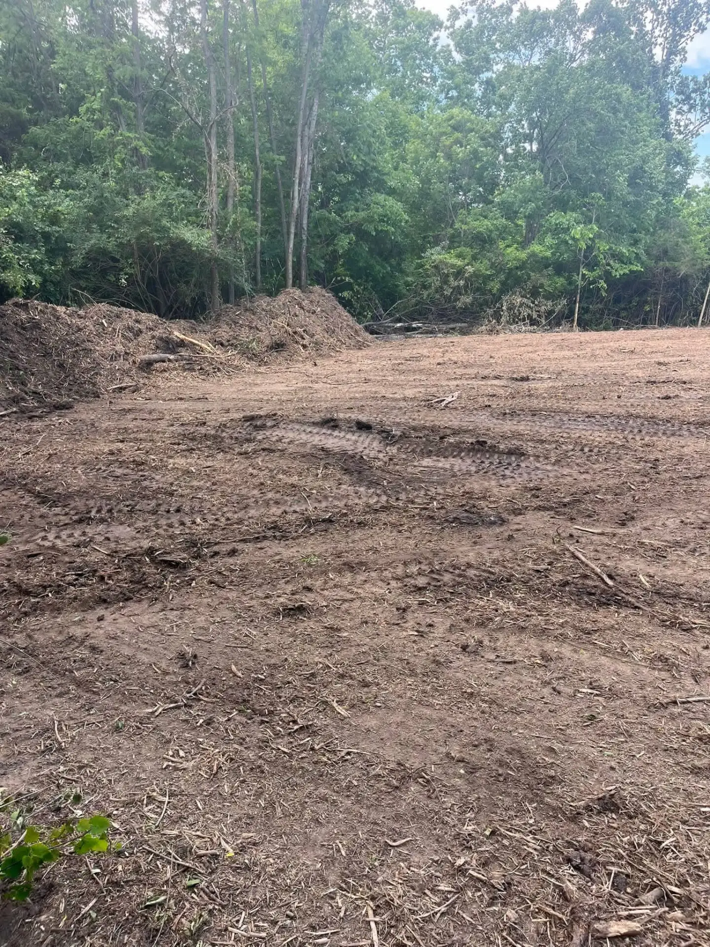 A freshly cleared field bordered by mature trees after land clearing near Dayton, Ohio
